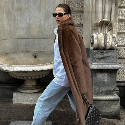 Winter Faux Mink Fur Coat Iconic Brand Long Outerwear Jacket Crystal Hooks Street Style Warm Overcoat