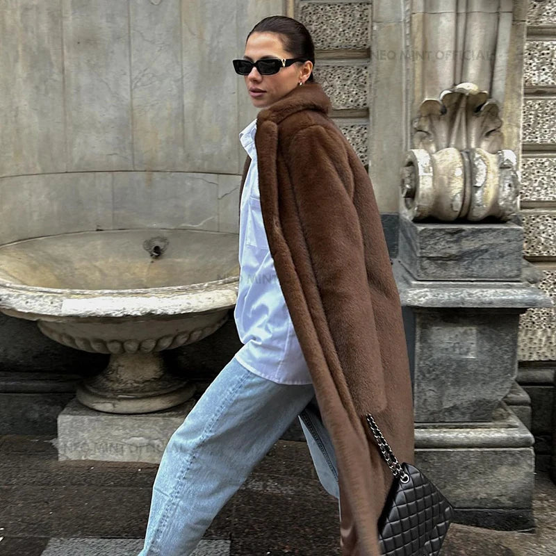 Winter Faux Mink Fur Coat Iconic Brand Long Outerwear Jacket Crystal Hooks Street Style Warm Overcoat