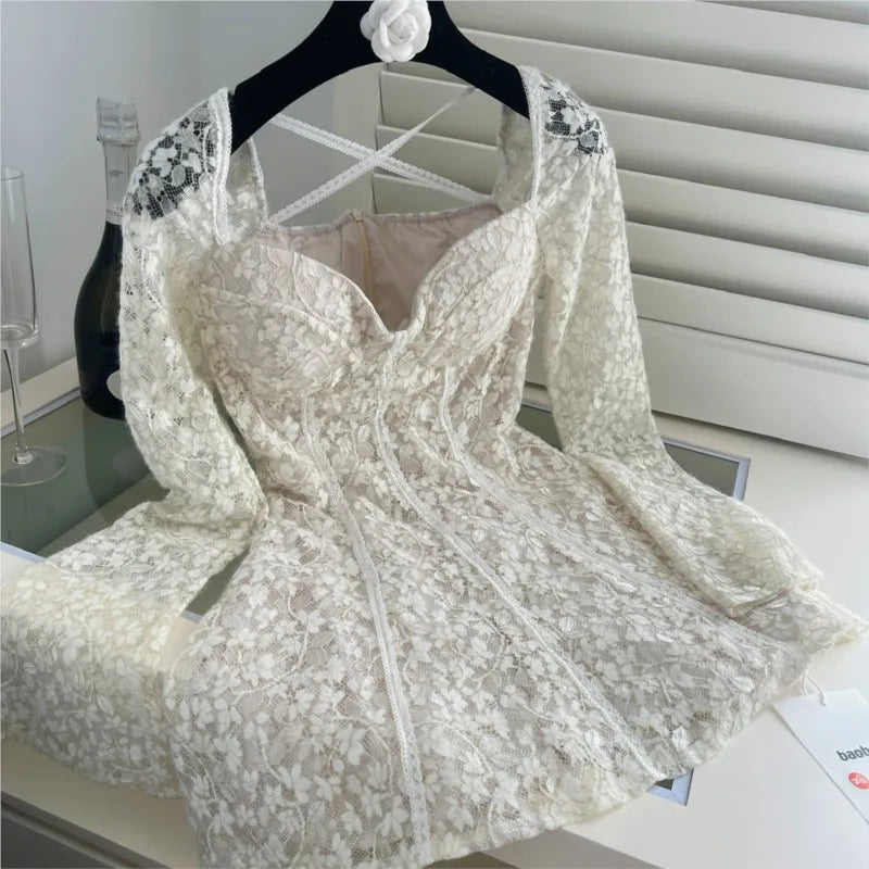 Lace Mini Dresses for Square Collar Flare Sleeve Slim Waist Aline Evening Party Dress Wedding Prom Short Vestidos