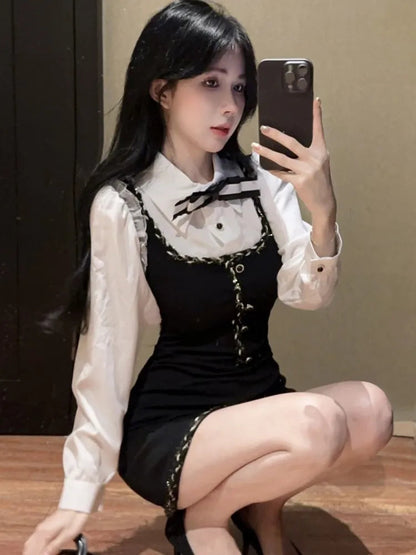 Y2k Fake Two Piece Mini Dress for Patchwork Long Sleeve Sweet Birthday Party Shirt Dresses Office Lady Vestidos