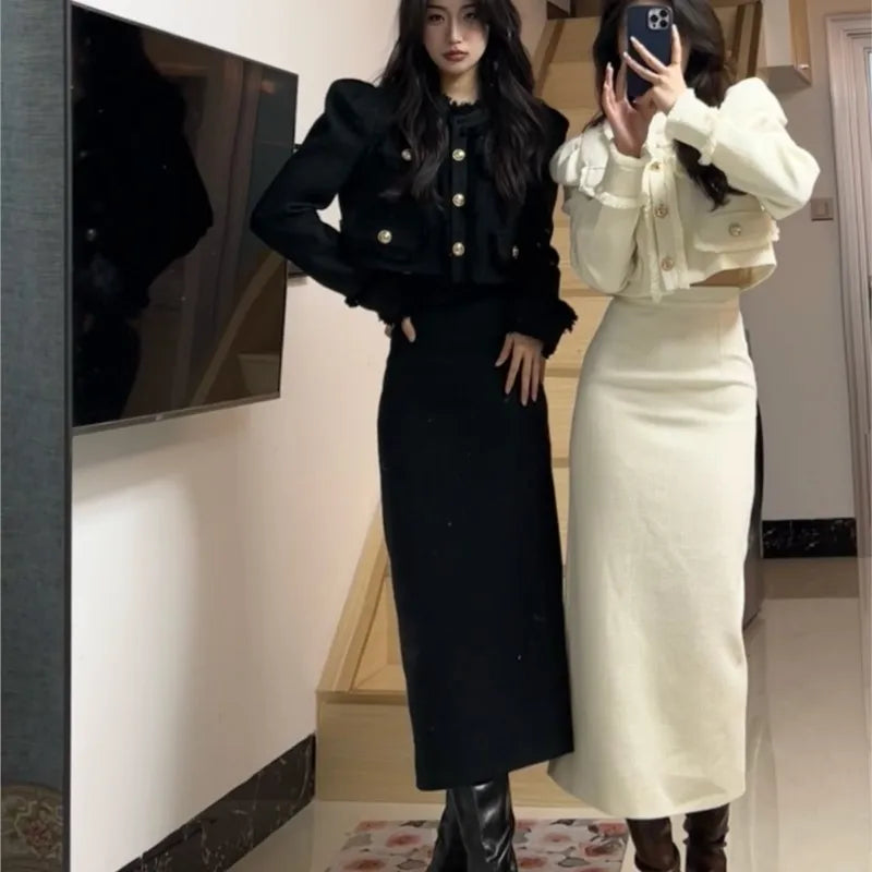 Korean Two-piece Skirt Sets Crop Jacket Coat Bodycon Midi Skirt Autumn Winter New Female Outfits