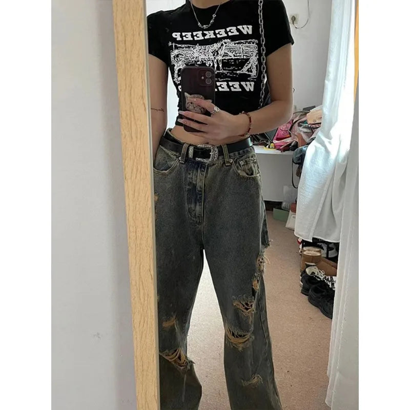 Baggy Woman's Ripped Jeans Y2k Hip Hop Oversize Denim Pants America High Street Retro Grunge Trousers Korean Style