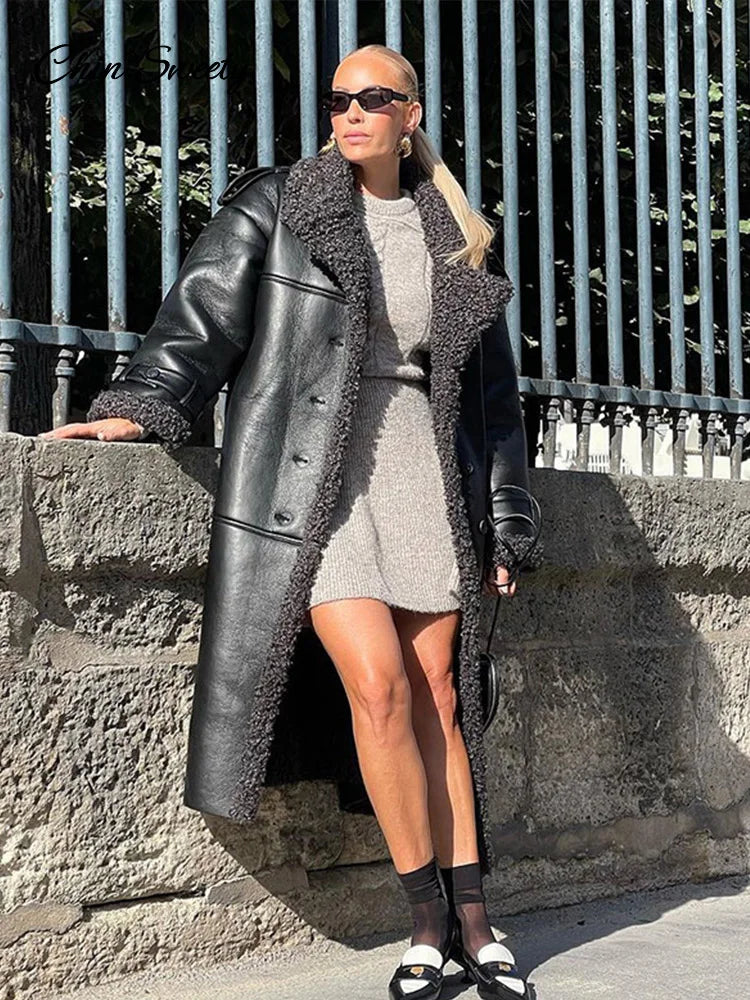 Lamb Wool Pu Leather Long Jacket With Belt Patchwork Lapel Pocket Oversize Overcoat Winter Warm Thick Outwear