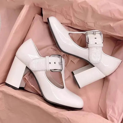 Block Heel Square Toe Mary Jane Shoes Patent Leather Retro Cool High Heels Comfortable Buckle French Style Pumps Sandalias