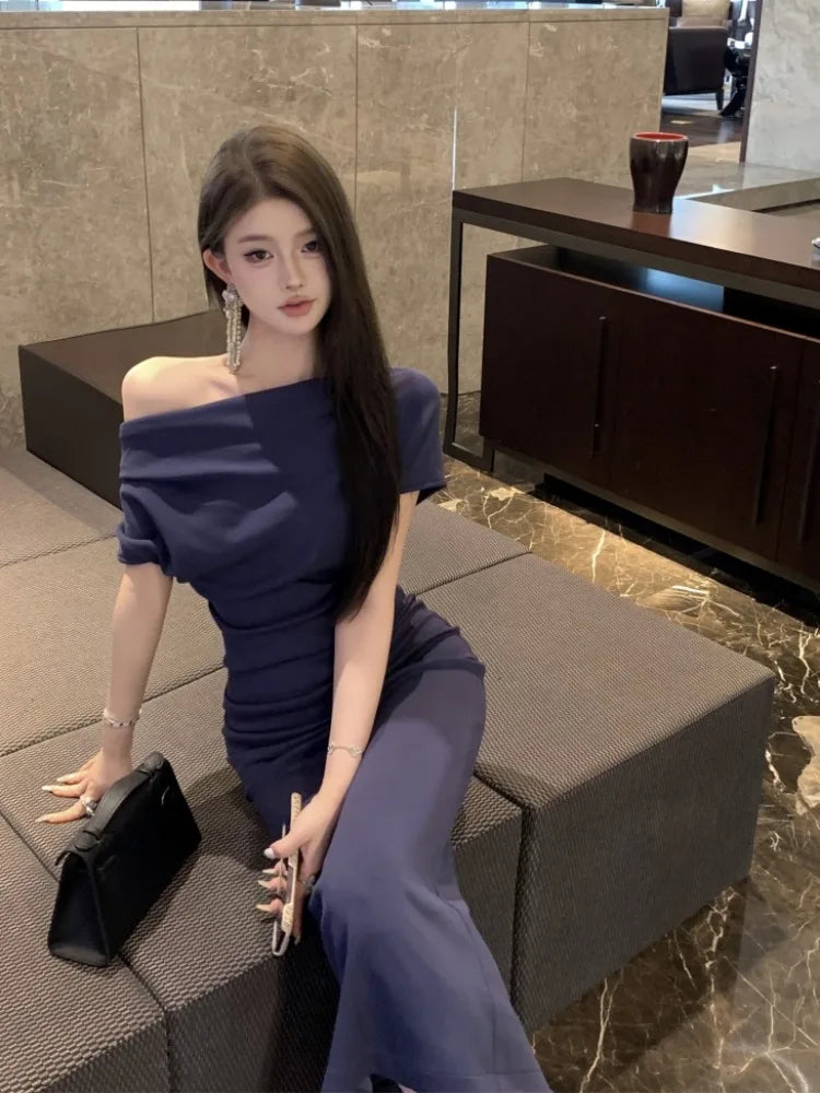 Skew Collar Long Dresses Spring Summer Vestidos Mujer Korean Bodycon Dress