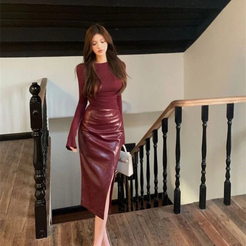 Temperament Slim Dress New High Waist Slit Cover Hip Leather Skirt Luxurious Party Evening Long Dresses