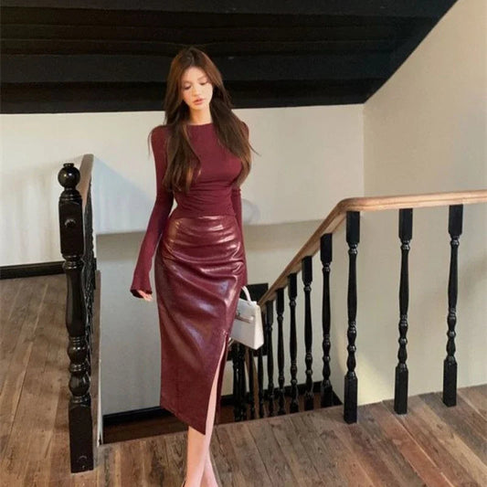 Temperament Slim Dress New High Waist Slit Cover Hip Leather Skirt Luxurious Party Evening Long Dresses