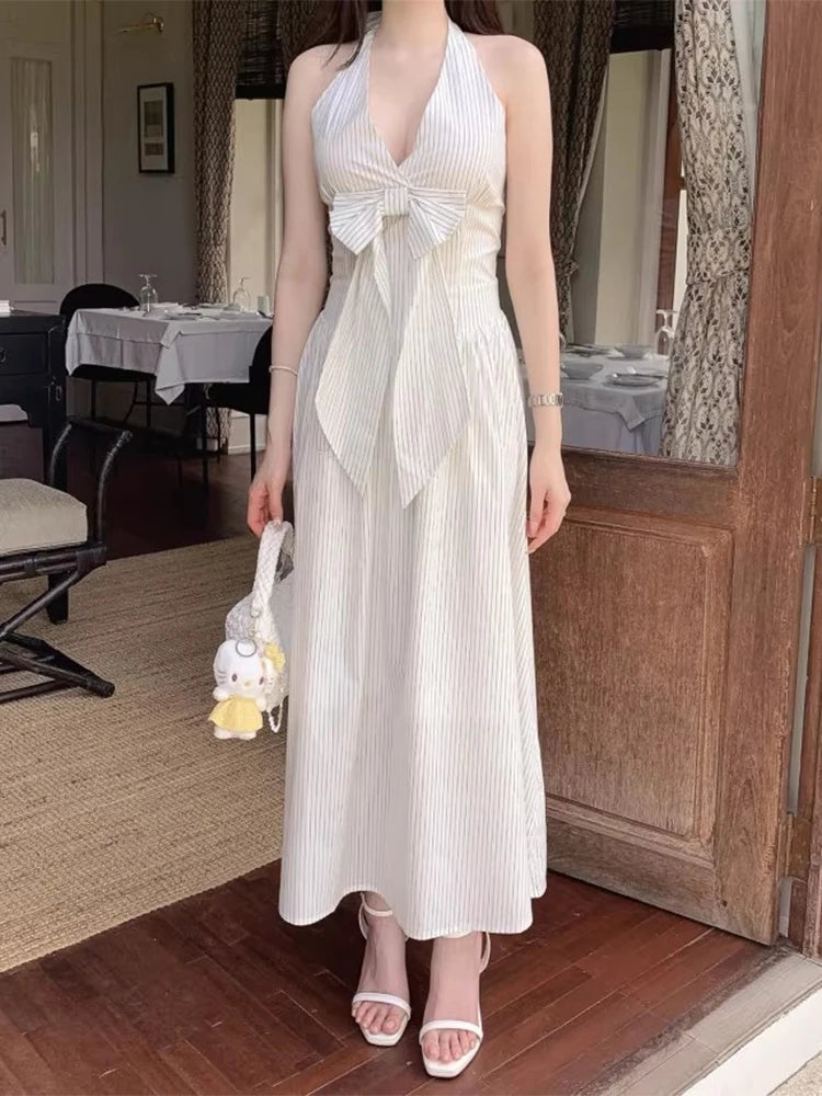 French Vacation Style Hanging Neck Striped Vest Dress Summer New Design Butterfly Bow Long Dresses
