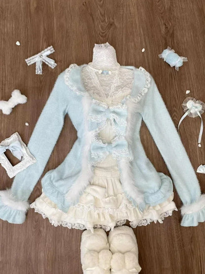 Winter Sweet New 3 Piece Sets Outfits Long Sleeve Bow Cardigan + Slim Vest + Lace Patchwork Mini Skirt