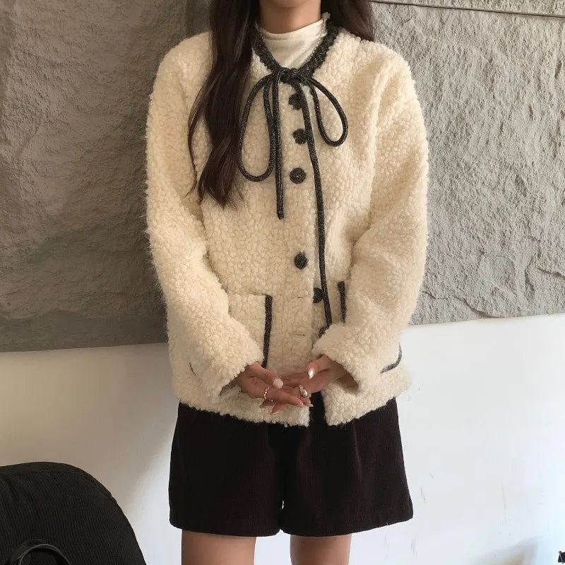 Sweet Hot Girl Oneck Doublesided Woolen Coat Autumn/winter Oneck Laceup Loose Coat Female Clothes