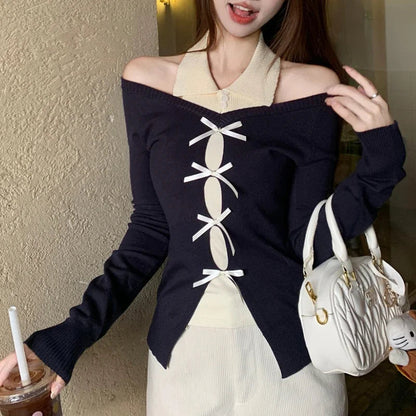 Korean Contrast Color Bow Patchwork Longsleeved Sweater Autumn New Strapless Slim Knitted Tops