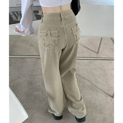 Baggy Khaki Jeans Straight Loose High Waist Trousers Star Patchwork Denim Wide Leg Pants
