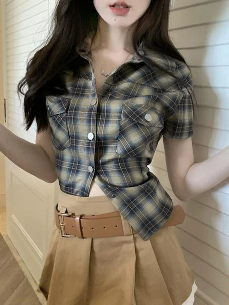 Plaid Short Sleeve Shirt American Retro Button Up Cardigan Blouse Female 90s Summer Cargo Slim Tops