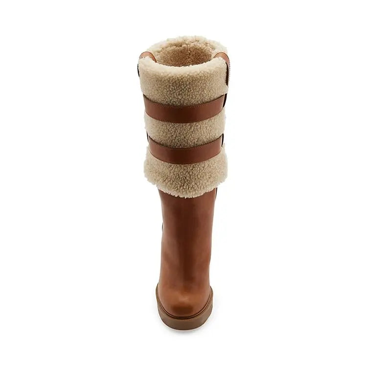 Brown Platform Suede Boots Round Toe Lambswool Shoes Chunky Heel Midcalf Booties Winter Warm Shoes Rubber Sole
