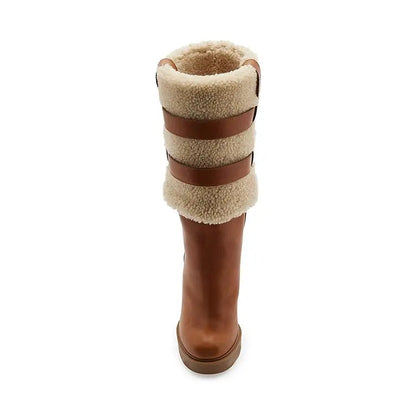 Brown Platform Suede Boots Round Toe Lambswool Shoes Chunky Heel Midcalf Booties Winter Warm Shoes Rubber Sole