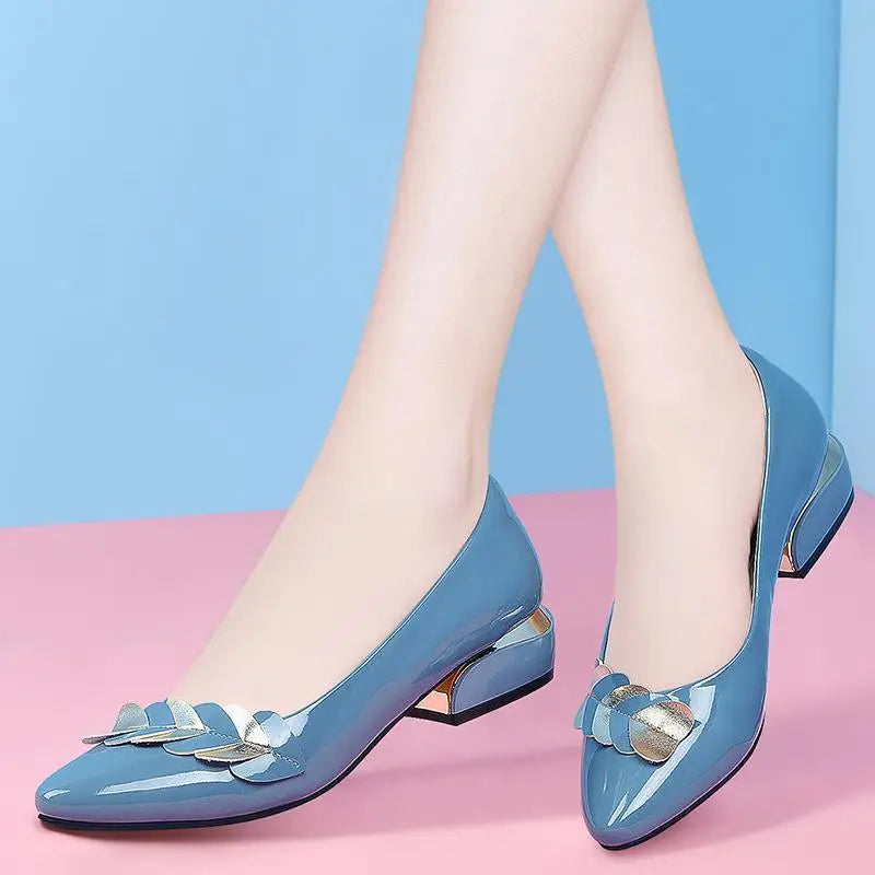 Low Heel Blue Normal Leather Shoes for Summer Footwear Pointed Toe Spring Brand Young 39