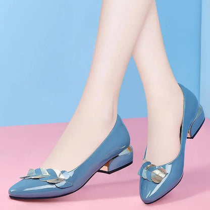 Low Heel Blue Normal Leather Shoes for Summer Footwear Pointed Toe Spring Brand Young 39