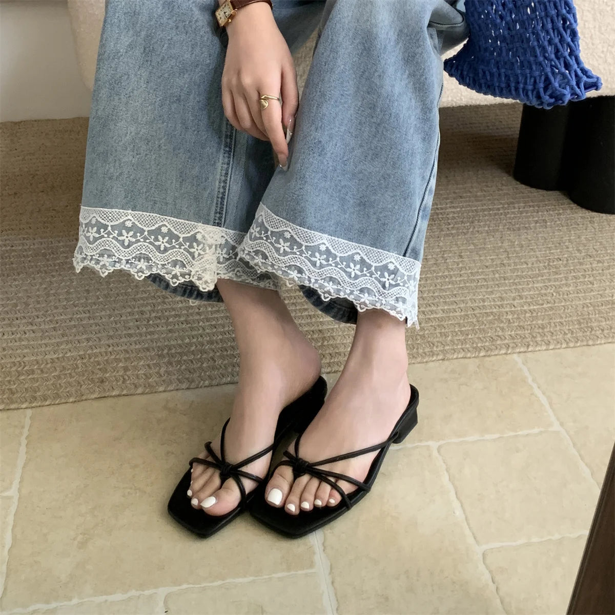 Rubber Flip Flops Leopard Shoes Summer Clogs Woman Crosstied Female Slippers Square Toe Slides Hawaiian Beach Soft Block L