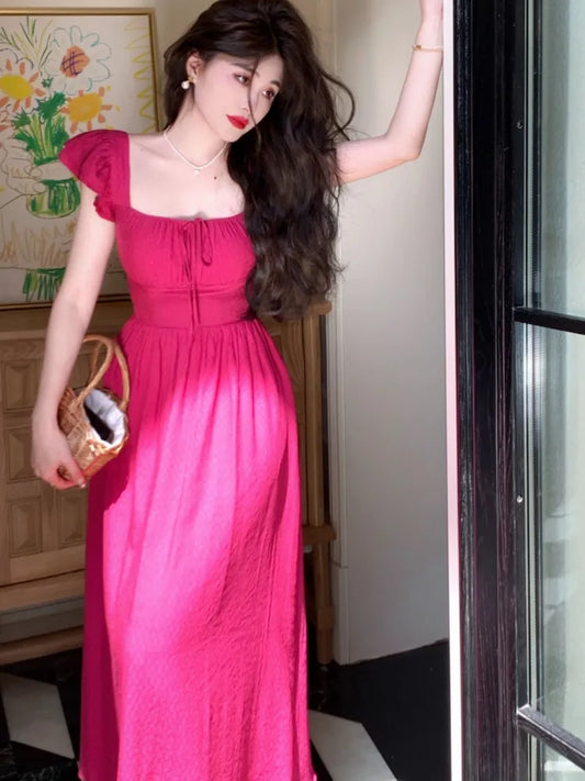 Midi Dresses for Summer New Square Collar High Waist Princess Party Dress A-line Vestido Mujer
