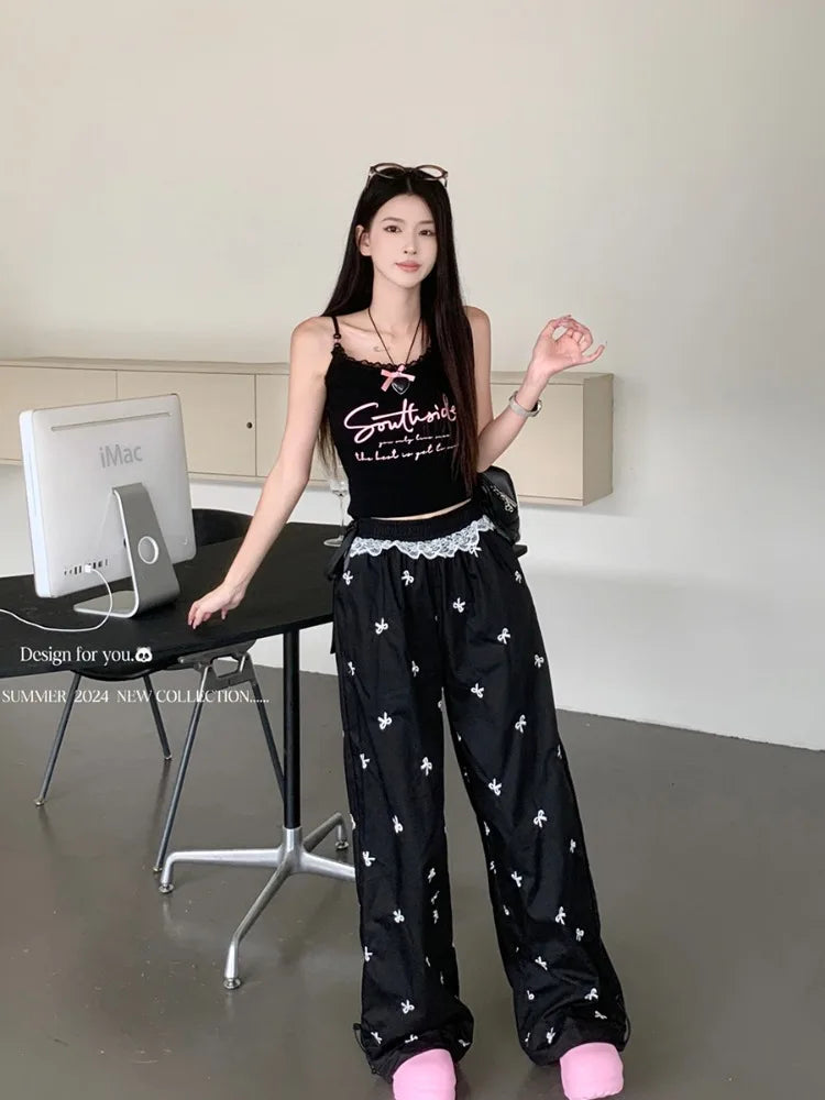 Y2k Coquette Bow Embroidery Wide Leg Pants Korean Style Kawaii Sweet Lace Patchwork High Waist Loose Pants Y2k