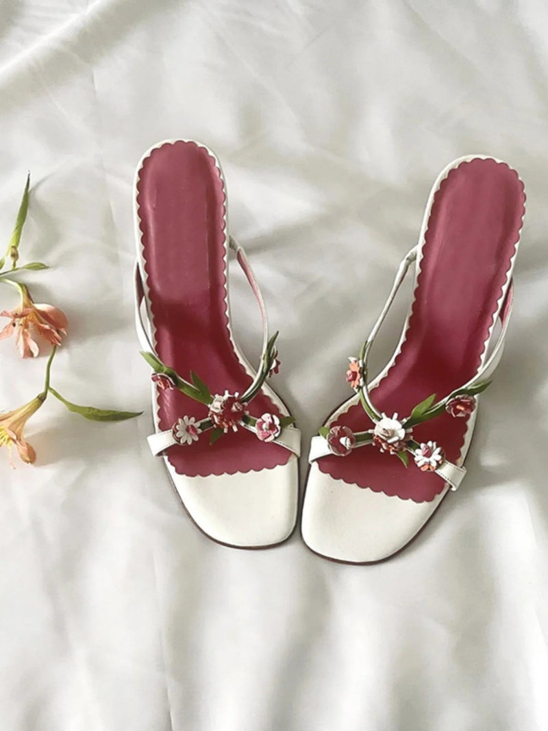 Handmade Flower High Heels 2000s Sweet Slide Strapless Sandal Heels on Off Shoes Shoes