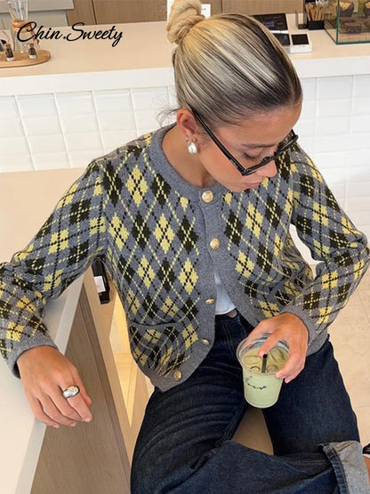 Plaid Knitted Slim Cardigan Autumn O-neck Long Sleeve Metal Button Short Sweater Coat Lady All-matching Knitwear New