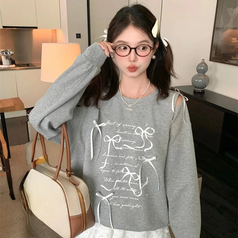 Sweatshirt Bow Hollow Out O Neck Long Sleeve Letter Printed Loose Thin Pullover Autumn New Sweet Female Hoodies