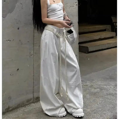 American Retro Pleated Draping White Pants Autumn New Loose Allmatch Wide Leg Pants With Belt