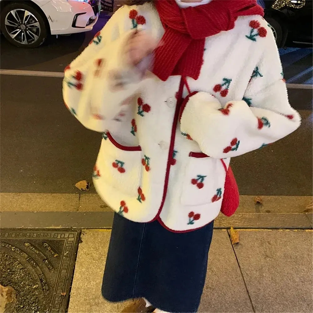 Sweet Jacket Lambswool Cherry Print Oversized Outwear Y2k Clothes Thicked Coat Kawaii Ropa Mujer