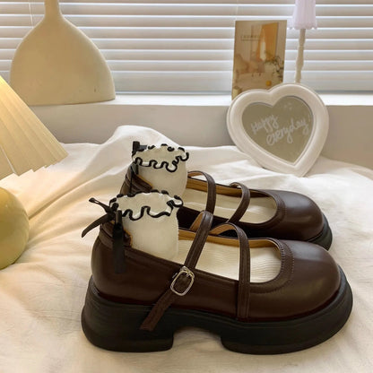 Leather Mary Jane Shoes Japanese Style Lolita Round Toe High on Platform Female Footwear Black Gothic Vulcanized for a H