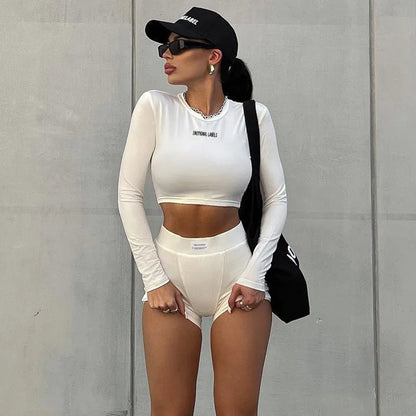 European and American Spring/summer Round Neck Long Short Sleeved 3/4 Shorts Two Piece ’s Sports Versatile Set
