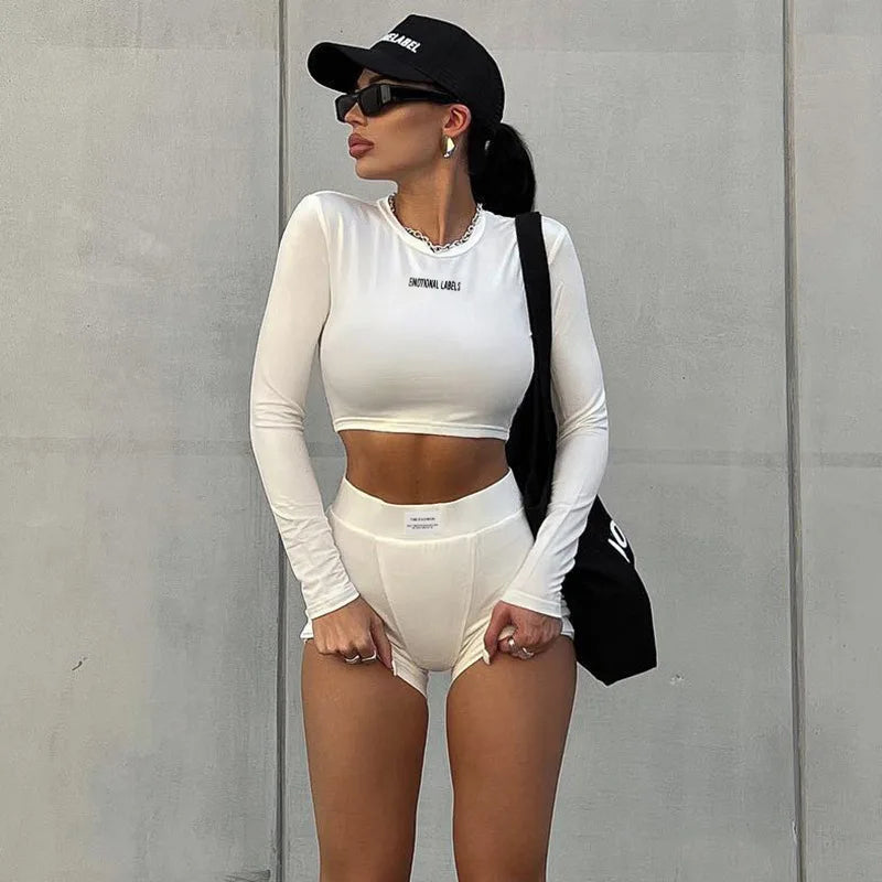 European and American Spring/summer Round Neck Long Short Sleeved 3/4 Shorts Two Piece ’s Sports Versatile Set