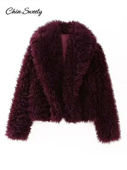 Faux Fur Coat Fluffy Lapel Loose Long Sleeve Burgundy Red Cropped Jacket Female Winter High Street Outwear