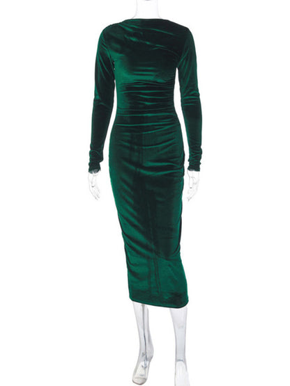 Velvet Long Sleeve Maxi Dress for Autumn Winter New O Neck Bodycon Club Party Long Dress