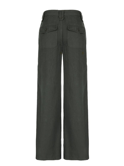 Sweetown Retro Green Low Rise Straight Jeans Woman Y2k Denim Trousers Pockets Cargo Jean Pants