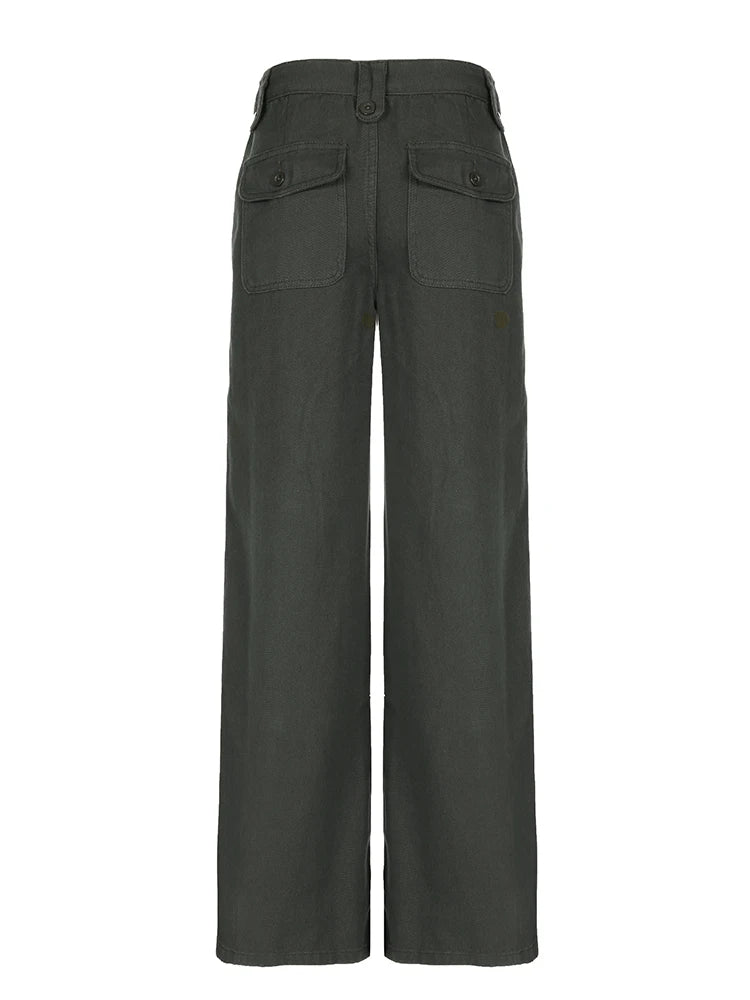 Sweetown Retro Green Low Rise Straight Jeans Woman Y2k Denim Trousers Pockets Cargo Jean Pants