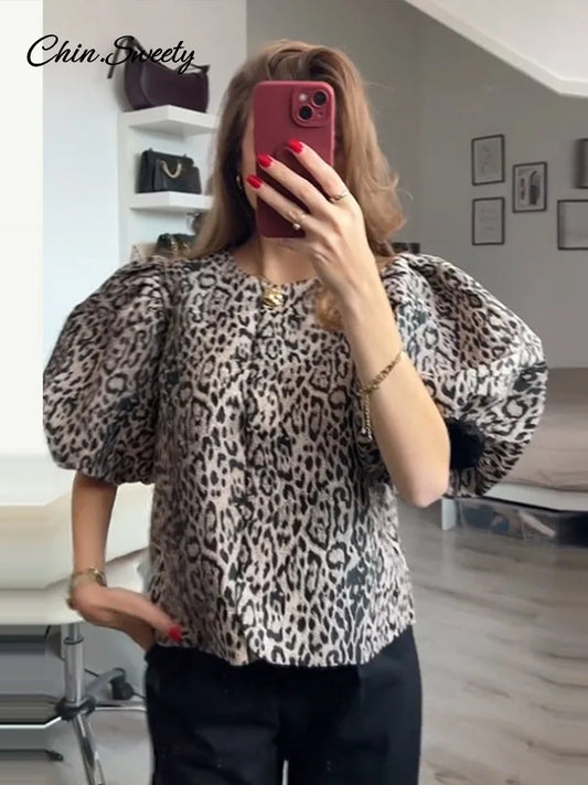 Leopard Puff Sleeve Shirts Blouses Summer O-neck Loose Buttons All-match Cropped Tops Lady High