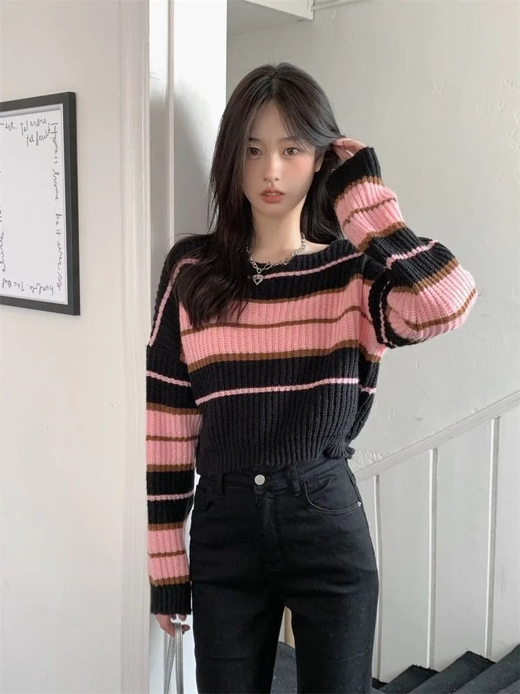 Striped Sweaters Autumn New Loose Knitted Pullover Y2k Grunge Long Sleeve Bottoming Tops