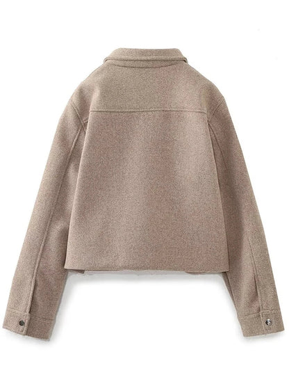 Pockets Cropped Jacket Woman Spring Turn Down Collar Long Sleeve Khaki Short Coat New Outerwear Tops