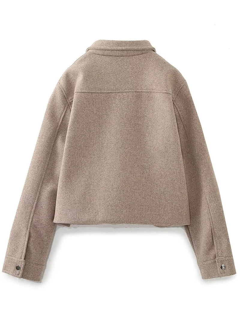 Pockets Cropped Jacket Woman Spring Turn Down Collar Long Sleeve Khaki Short Coat New Outerwear Tops