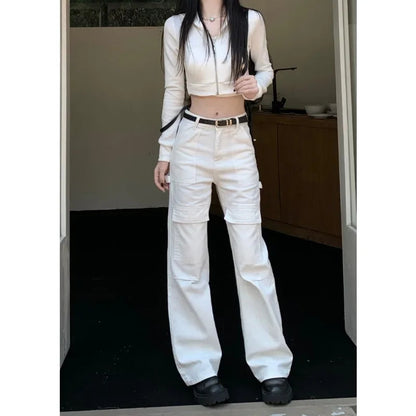 Low Waist Color Allmatch Cargo Pants Autumn New Korean Multibutton Slim Wide Leg Pants