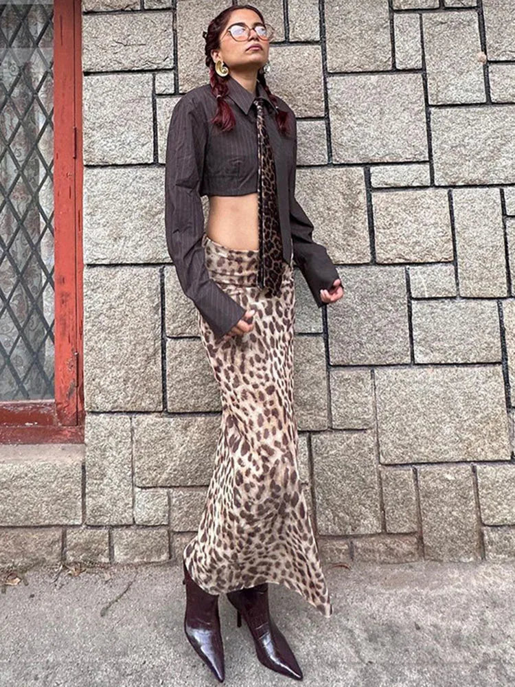 Leopard Print Maxi Skirt Summer Slim Patchwork High Waist Party Maxi Dress Maxi Skirt