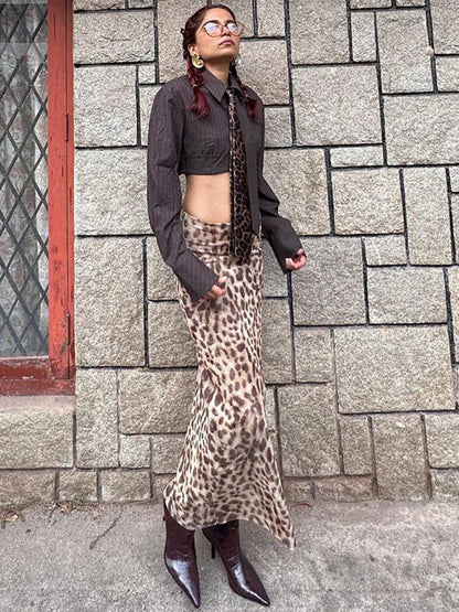 Leopard Print Maxi Skirt Summer Slim Patchwork High Waist Party Maxi Dress Maxi Skirt