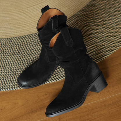 Autumn New Natural Suede Leather Gradient Color Side Zip Autumn Midcalf Boots 5cm Thick Med Heel Pleated Half Boot