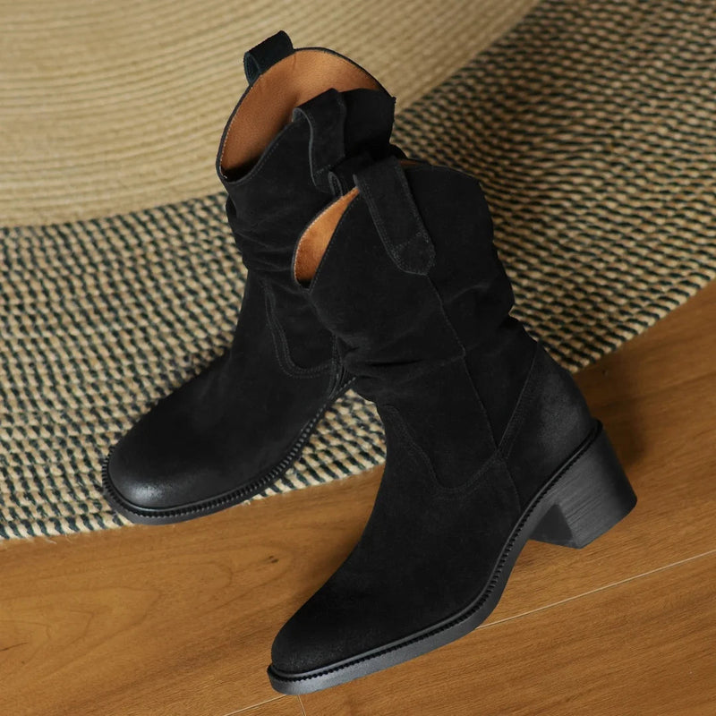 Autumn New Natural Suede Leather Gradient Color Side Zip Autumn Midcalf Boots 5cm Thick Med Heel Pleated Half Boot