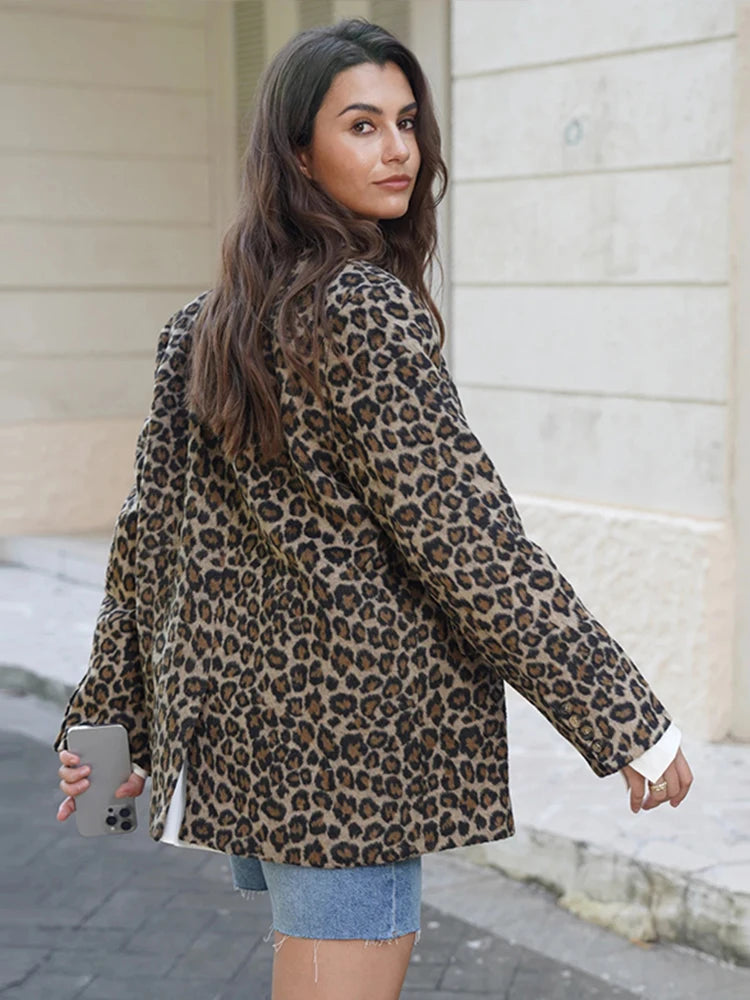 Fall Leopard Print Jacket Blazer Lapel One Button Long Sleeve Loose Coat Female All-matching New in Outwears
