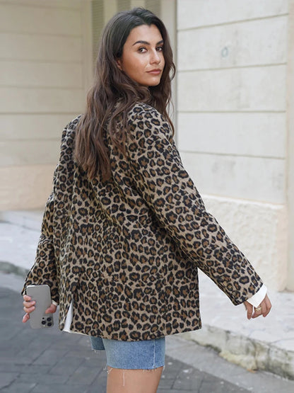 Fall Leopard Print Jacket Blazer Lapel One Button Long Sleeve Loose Coat Female All-matching New in Outwears