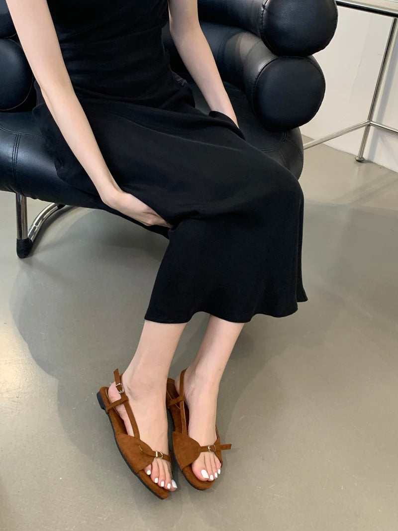 Silver Sandals Flats Brown Belt Buckle Shoes Summer Flats Sandal Comforts Sandalias De Mujer