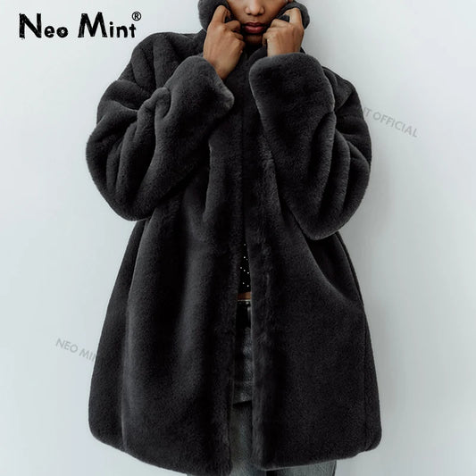 Winter Faux Rabbit Fur Coat Brand Designer Thick Warm Outerwear Jacket Fur Collar Classic Dark Gray Overcoat