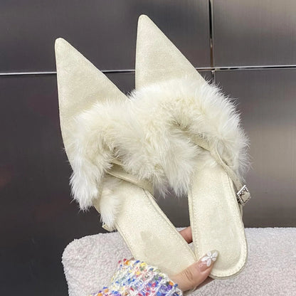 Thin High Heels Pointed Toe Buckle Strap Punps Design Style Corduroy Banquet Prom Sandals Shoes